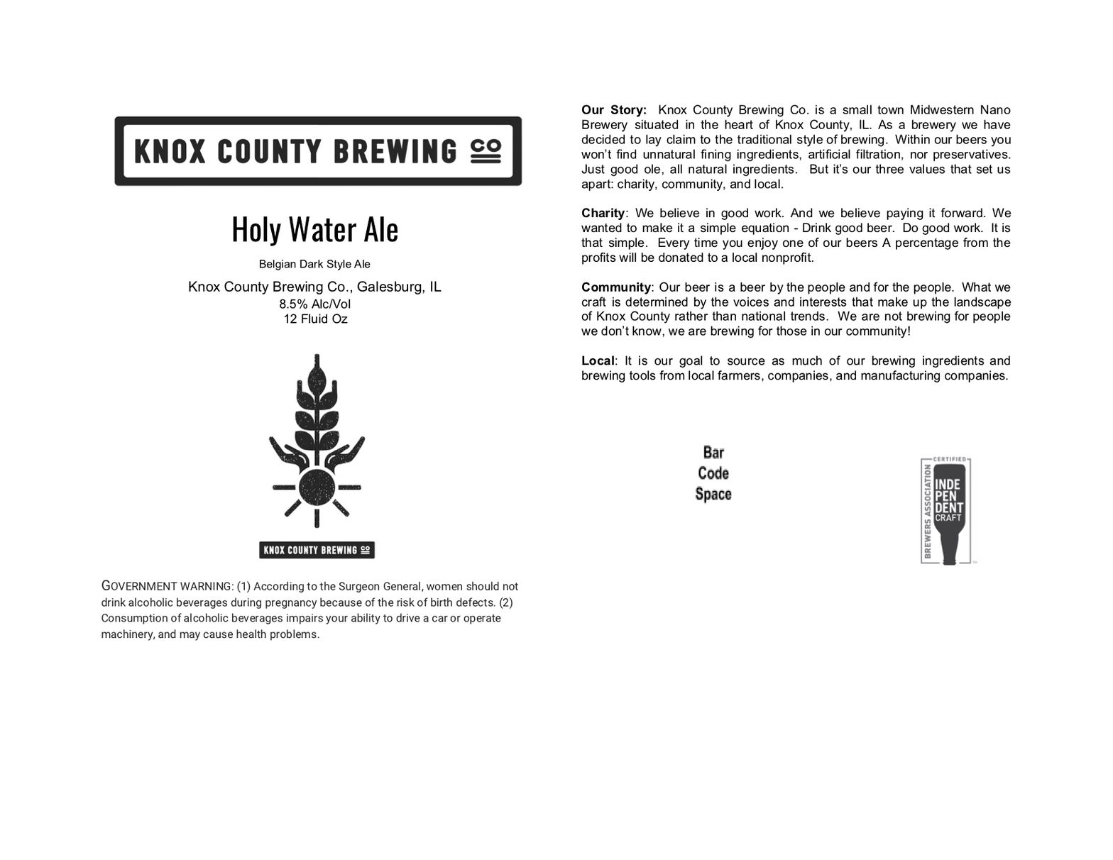Holy Water Ale — full label as filed with TTB