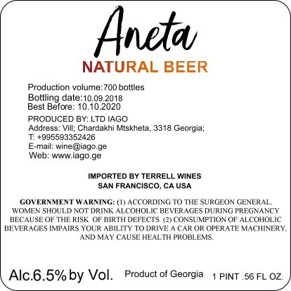 Aneta Natural Beer — full label as filed with TTB
