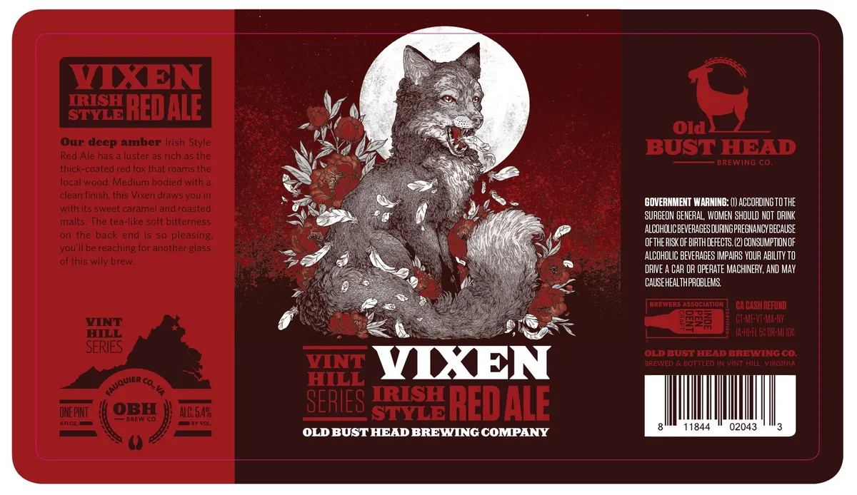 Vixen Irish Style Red Ale label art — OLD BUST HEAD BREWING CO.