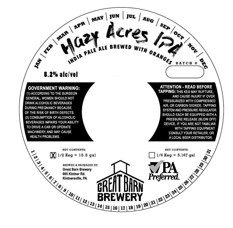 Hazy Acres IPA — full label as filed with TTB