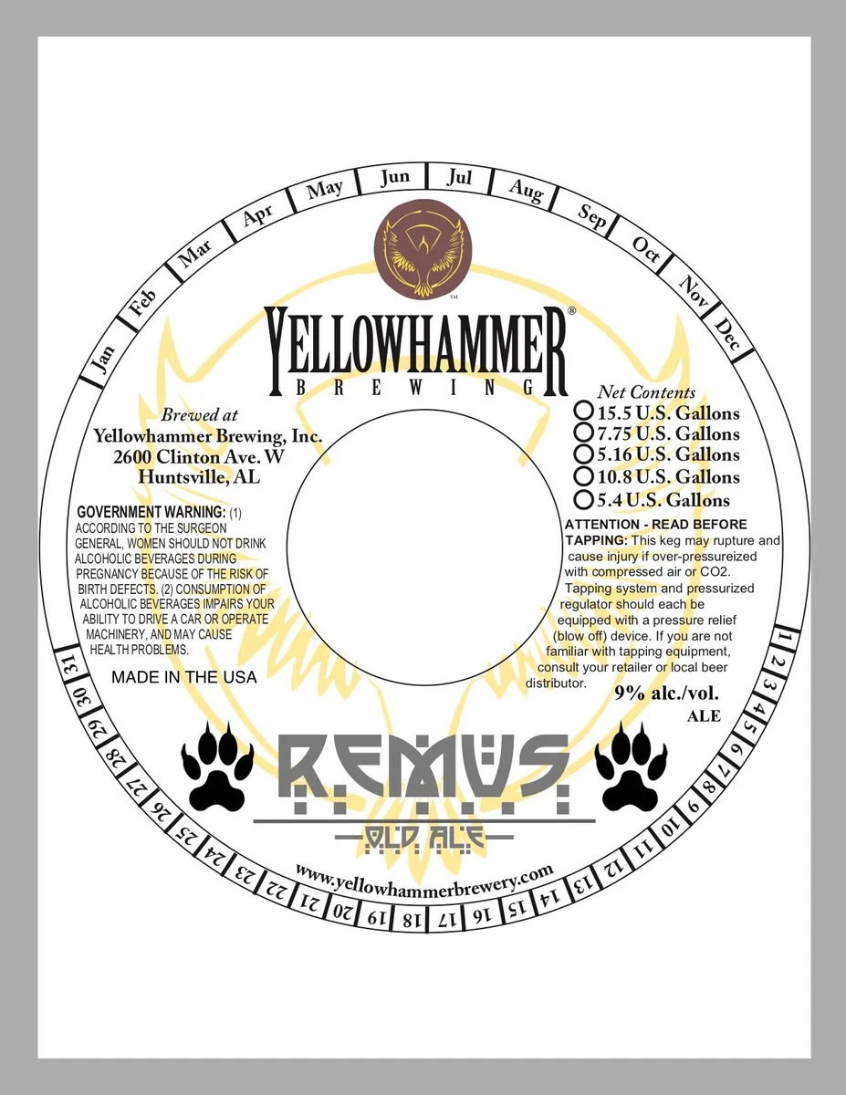 Remus label art — YELLOWHAMMER BREWING, INC.