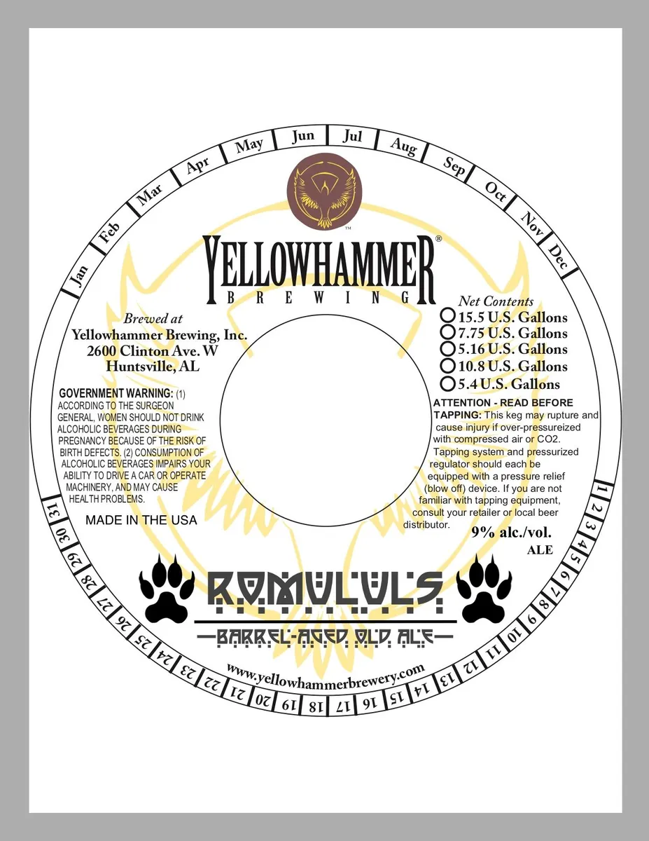 Romulus label art — YELLOWHAMMER BREWING, INC.