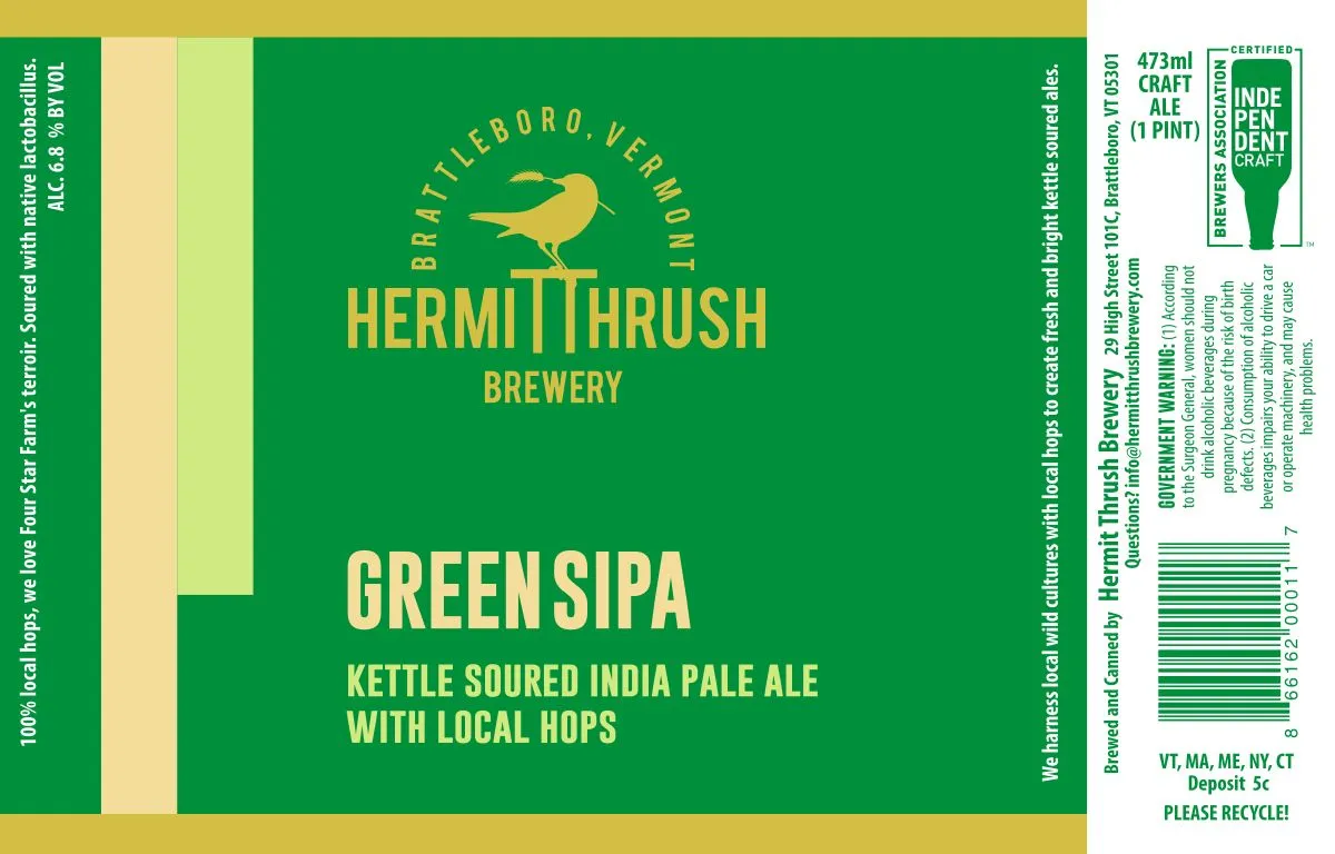 Green SIPA label art — HERMIT THRUSH BREWERY