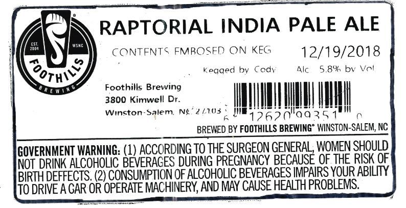 Raptorial India Pale Ale — full label as filed with TTB