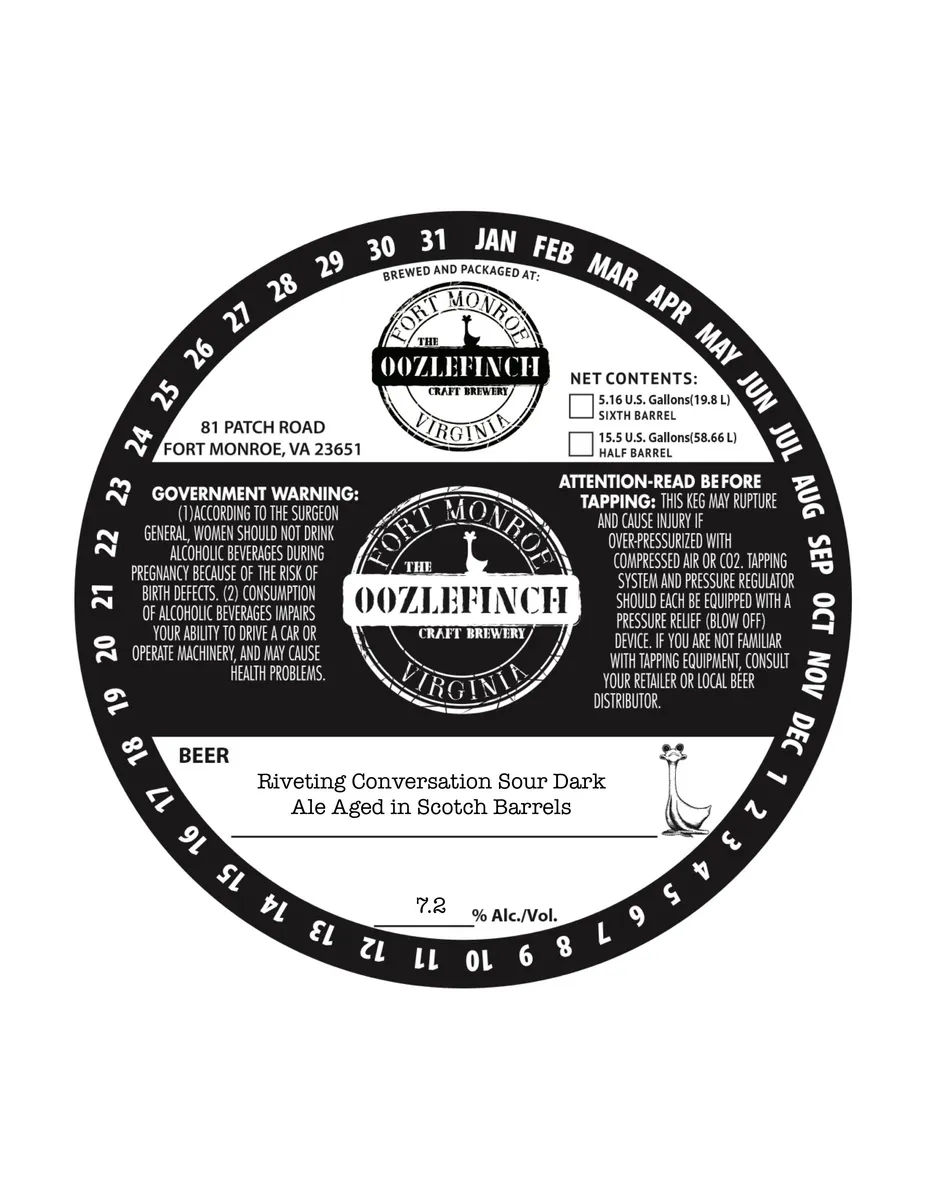 Riveting Conversation Sour Dark Ale Aged in Scotch Barrels label art — OOZLEFINCH CRAFT BREWERY
