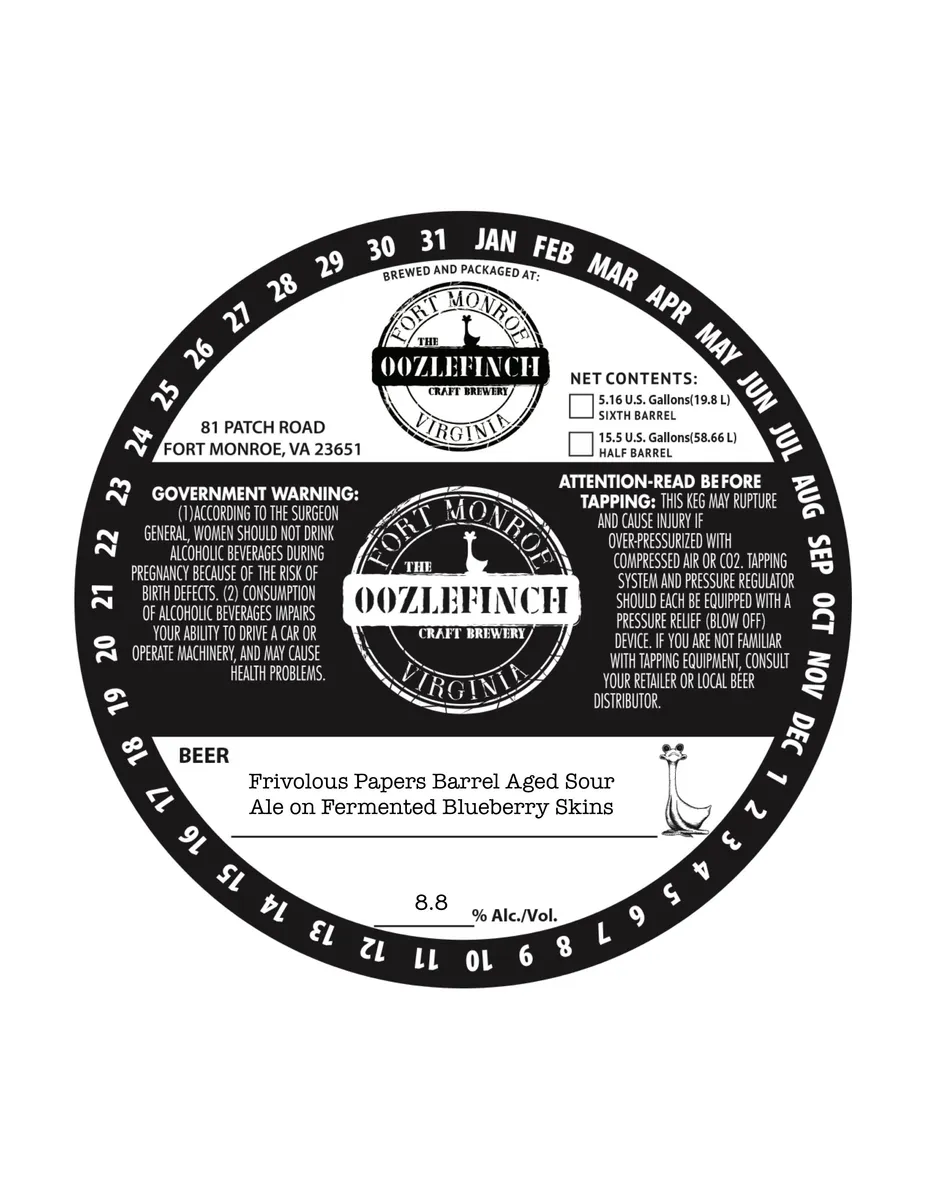 Frivolous Papers Barrel Aged Sour Ale on Fermented Blueberry Skins label art — OOZLEFINCH CRAFT BREWERY