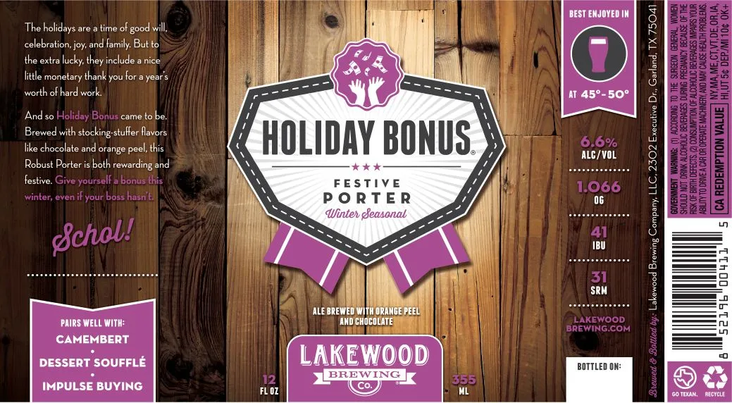 Holiday Bonus label art — LAKEWOOD BREWING COMPANY