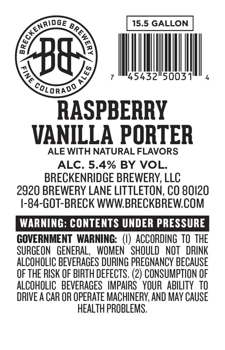 Raspberry Vanilla Porter — full label as filed with TTB