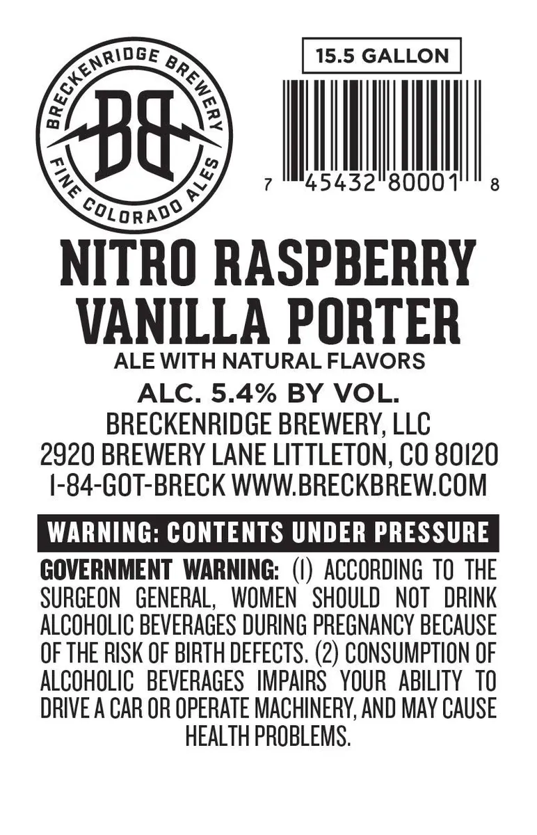 Nitro Raspberry Vanilla Porter — full label as filed with TTB