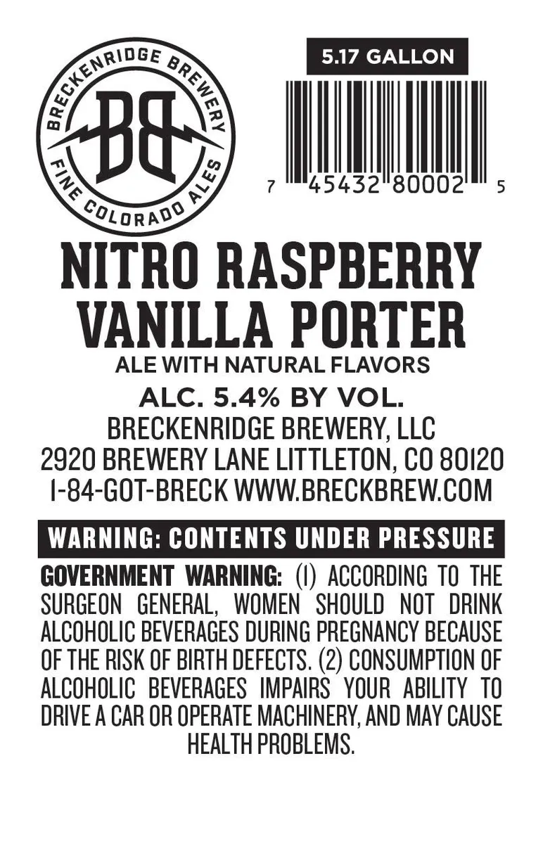 Nitro Raspberry Vanilla Porter — full label as filed with TTB