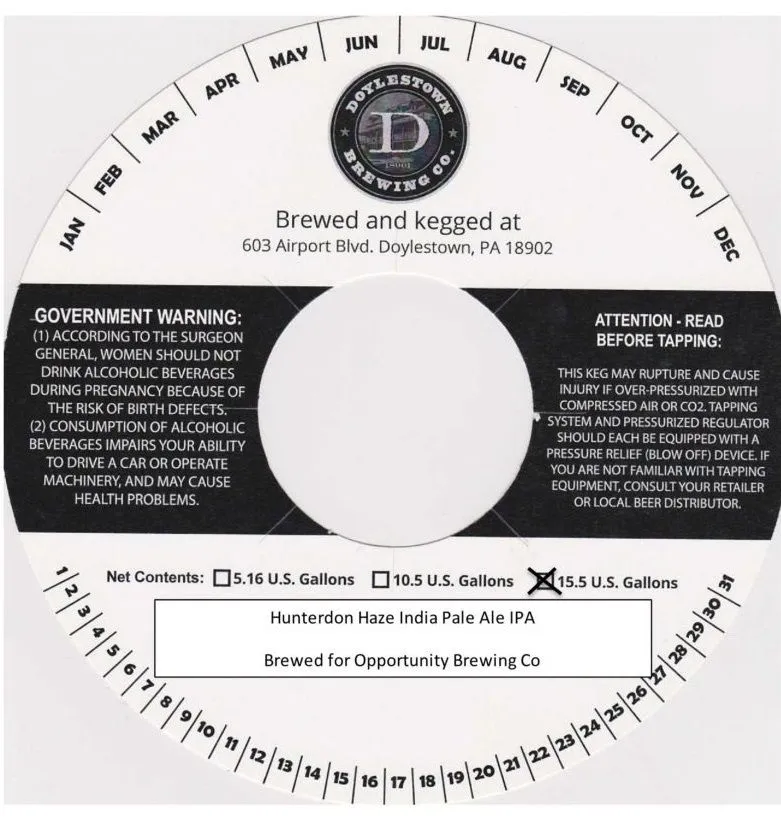 Hunterdon Haze India Pale Ale IPA — full label as filed with TTB