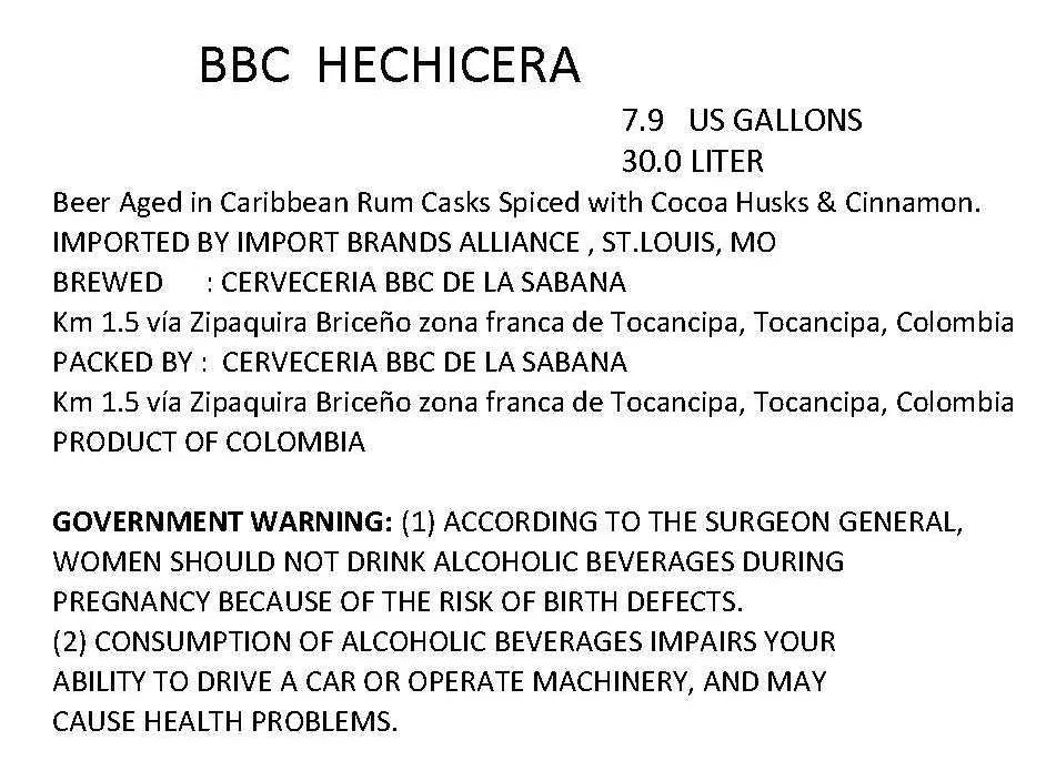 Hechicera — full label as filed with TTB