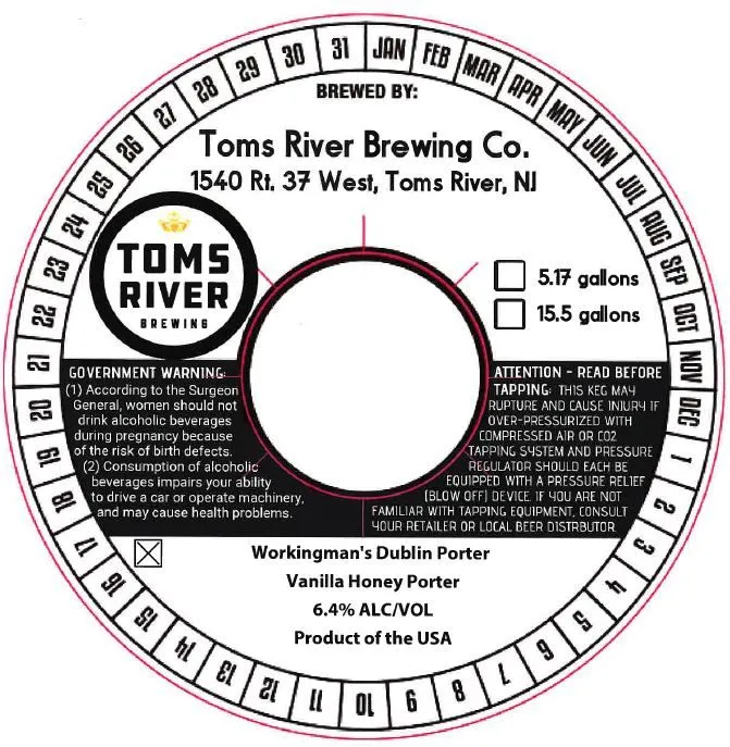 Workingman's Dublin Porter Vanilla Honey Porter — full label as filed with TTB