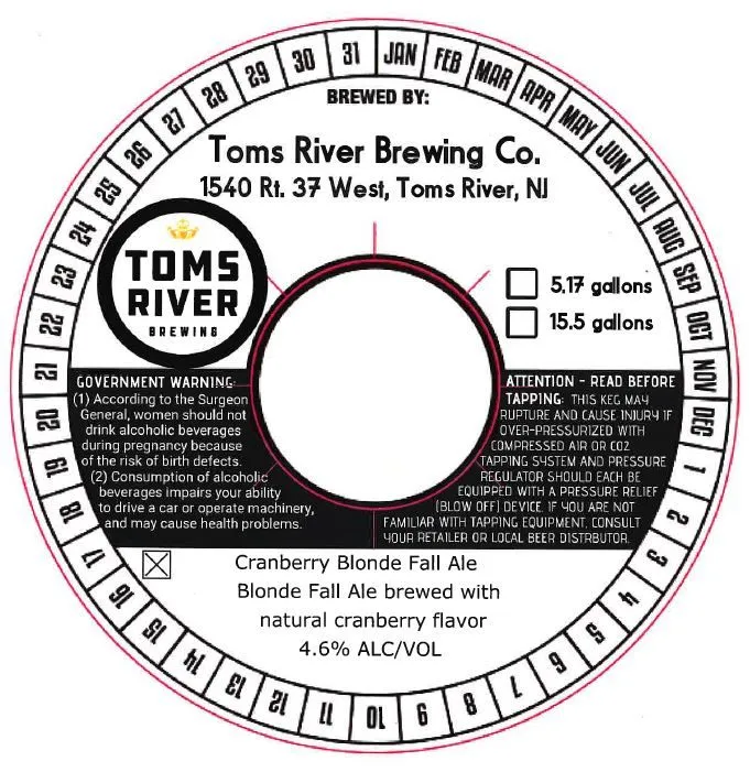 Cranberry Blonde Fall Ale — full label as filed with TTB