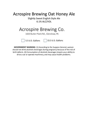 Acrospire Brewing Oat Honey Ale label