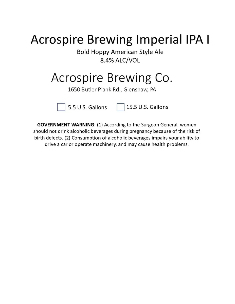 Acrospire Brewing Imperial IPA I — full label as filed with TTB