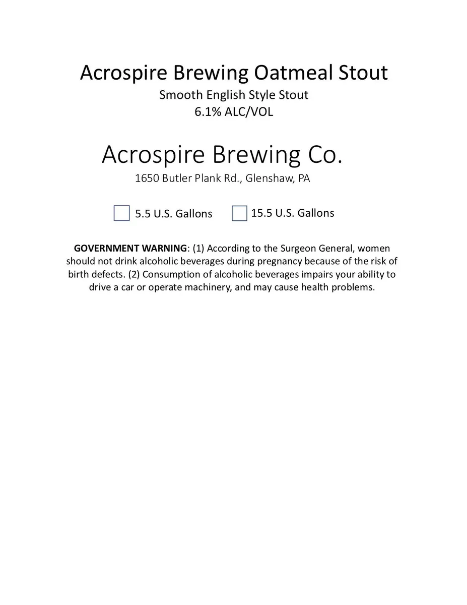 Acrospire Brewing Oatmeal Stout — full label as filed with TTB