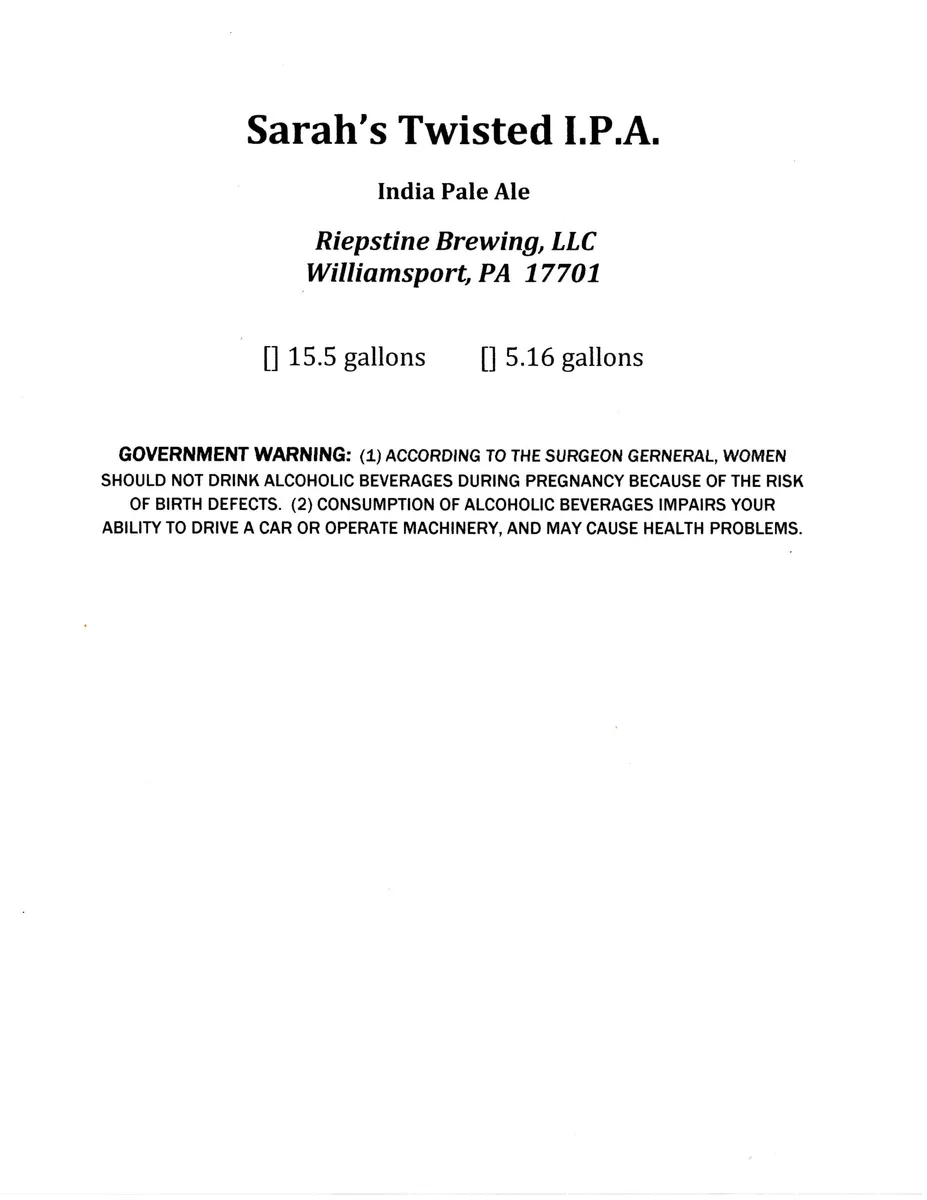 Sarah's Twisted I.P.A. — full label as filed with TTB