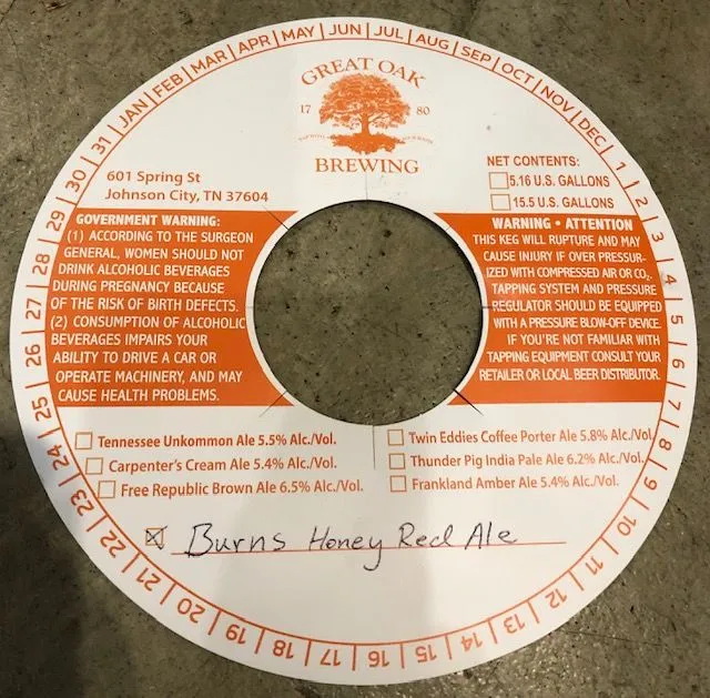 Burns Honey Red Ale — full label as filed with TTB