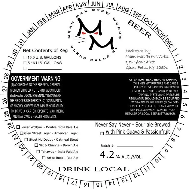 Never Say Never - Sour Ale Brewed with Pink Guava & Passionfruit — full label as filed with TTB