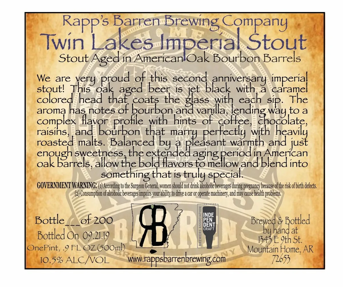 Twin Lakes Imperial Stout — full label as filed with TTB