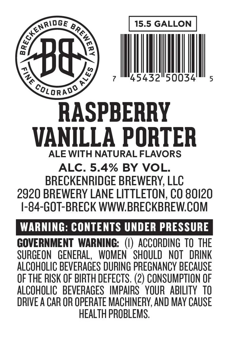 Raspberry Vanilla Porter — full label as filed with TTB