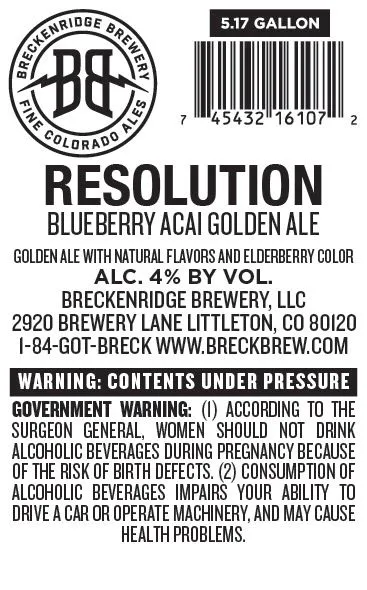 Resolution Blueberry Acai Golden Ale — full label as filed with TTB