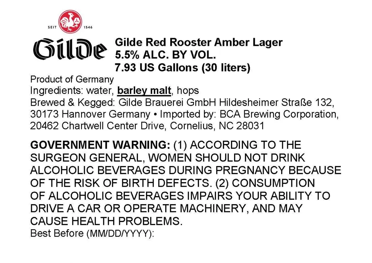 Gilde Red Rooster Amber Lager — full label as filed with TTB