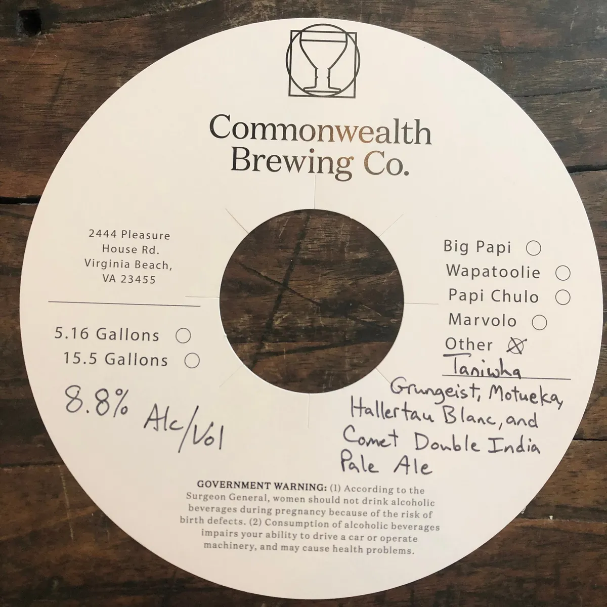 Taniwha — full label as filed with TTB