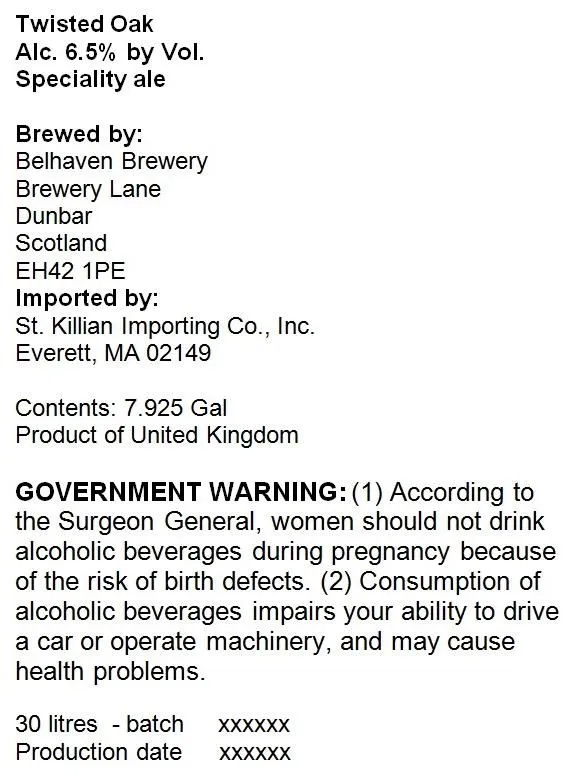 Twisted Oak — full label as filed with TTB