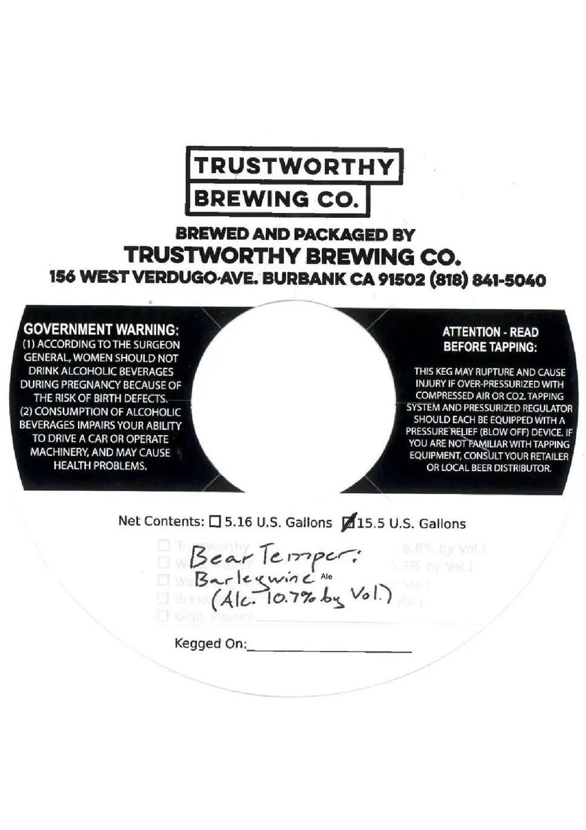 Bear Temper Barleywine Ale — full label as filed with TTB
