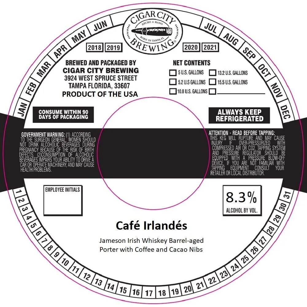 Café Irlandés — full label as filed with TTB
