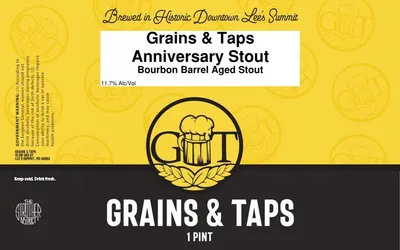 Grains & Taps Anniversary Stout label