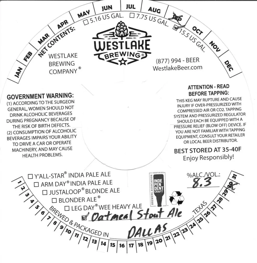 Oatmeal Stout Ale — full label as filed with TTB
