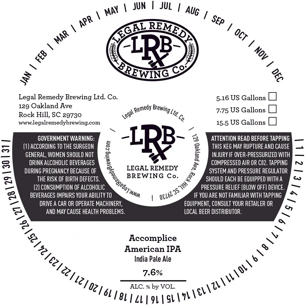 Accomplice American IPA label art — LEGAL REMEDY BREWING CO.