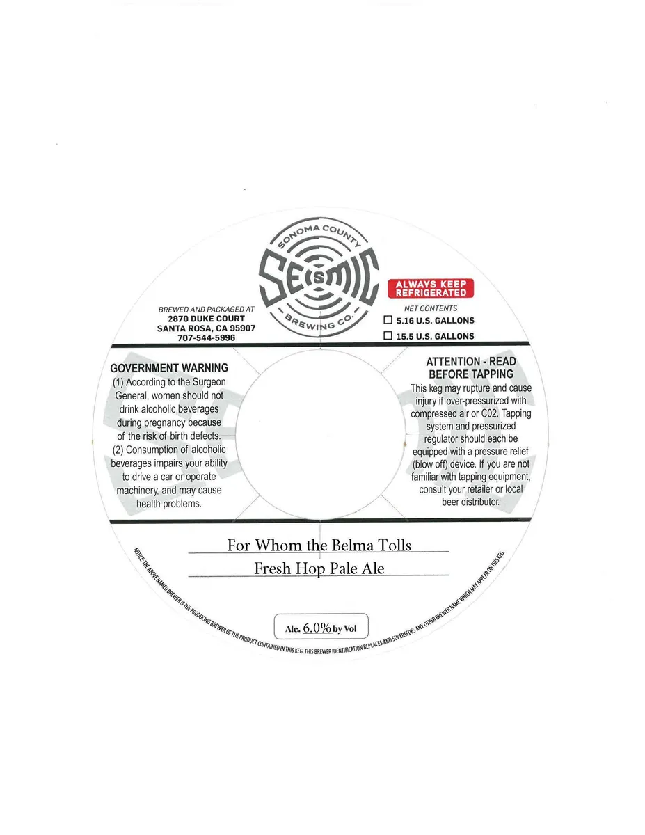 For Whom the Belma Tolls Fresh Hop Pale Ale — full label as filed with TTB
