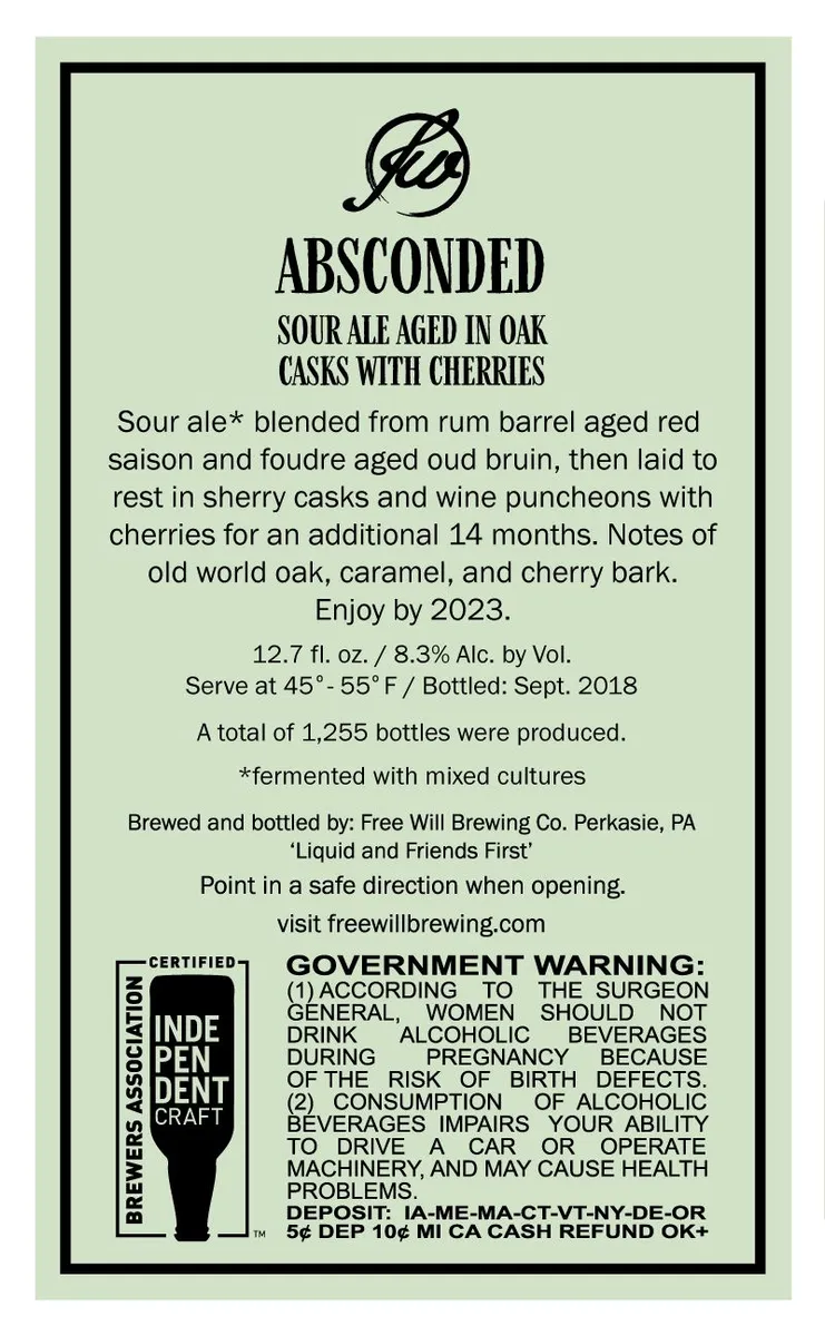 Absconded label art — FREE WILL BREWING CO.