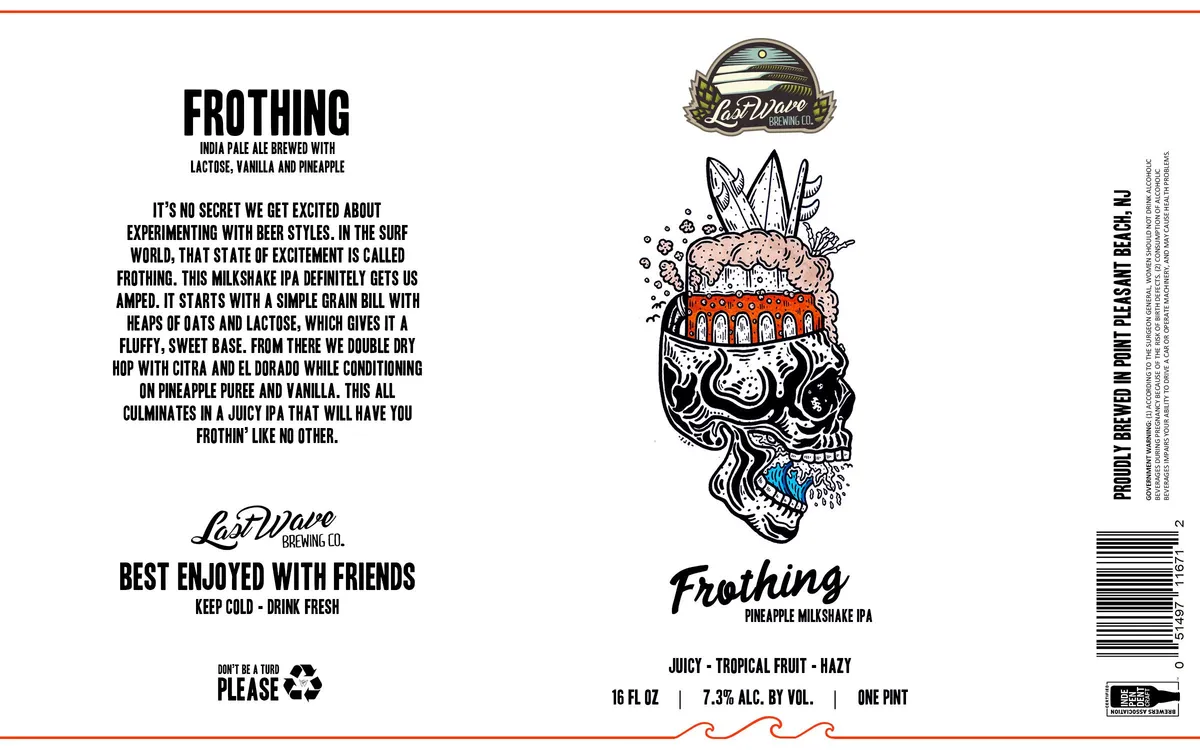 Frothing label art — FROTHING INDIA PALE ALE BREWED WITH LACTOSE, VANILLA, AND PINEAPPLE