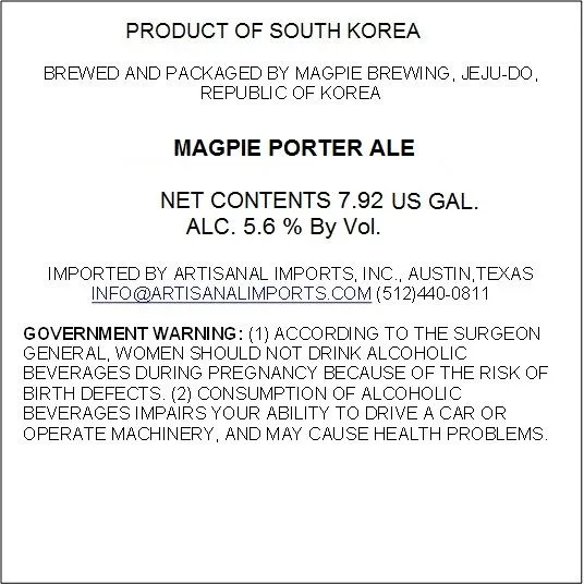Magpie Porter Ale — full label as filed with TTB