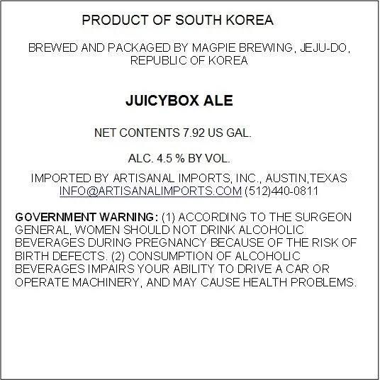 Juicybox Ale — full label as filed with TTB