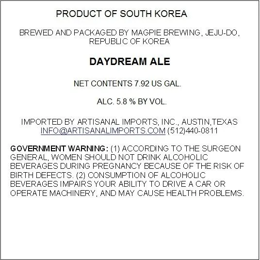 Daydream Ale — full label as filed with TTB