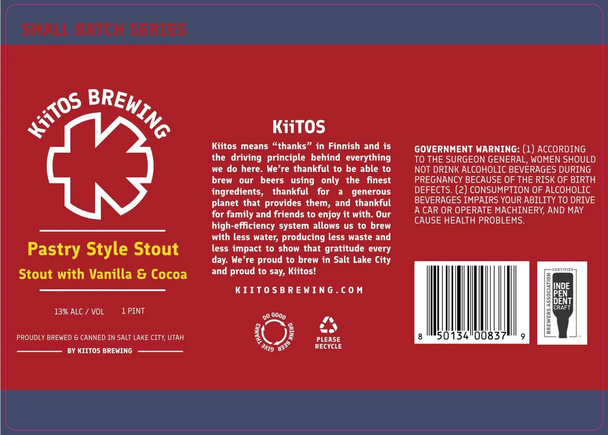 Kiitos Pastry Style Stout — full label as filed with TTB