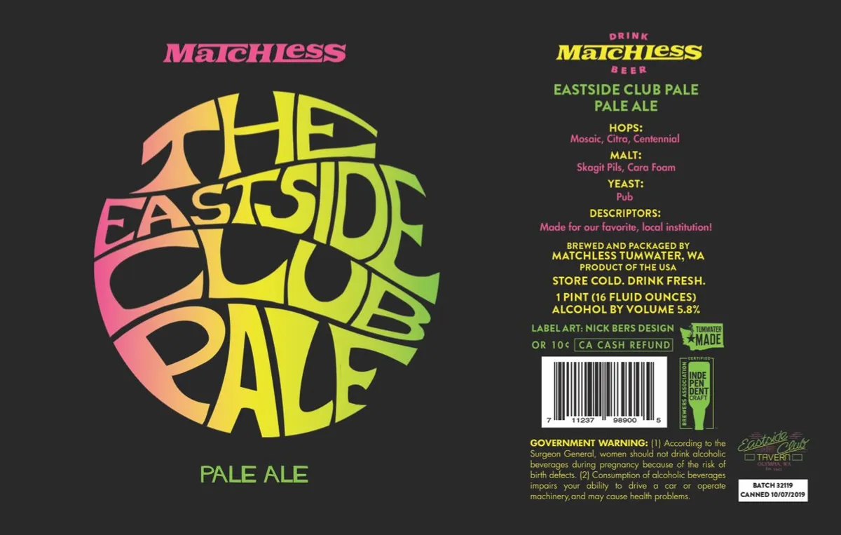 The Eastside Club Pale Ale — full label as filed with TTB