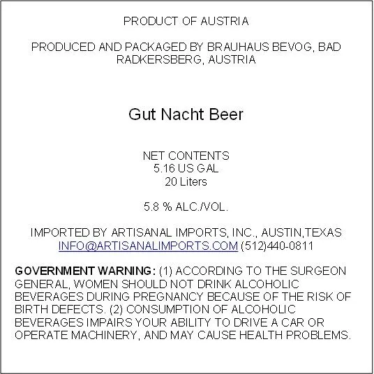 Gut Nacht Beer — full label as filed with TTB