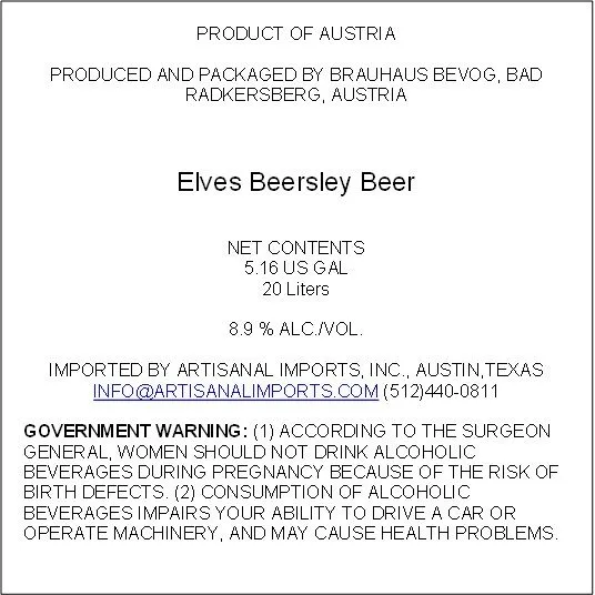 Elves Beersley Beer — full label as filed with TTB
