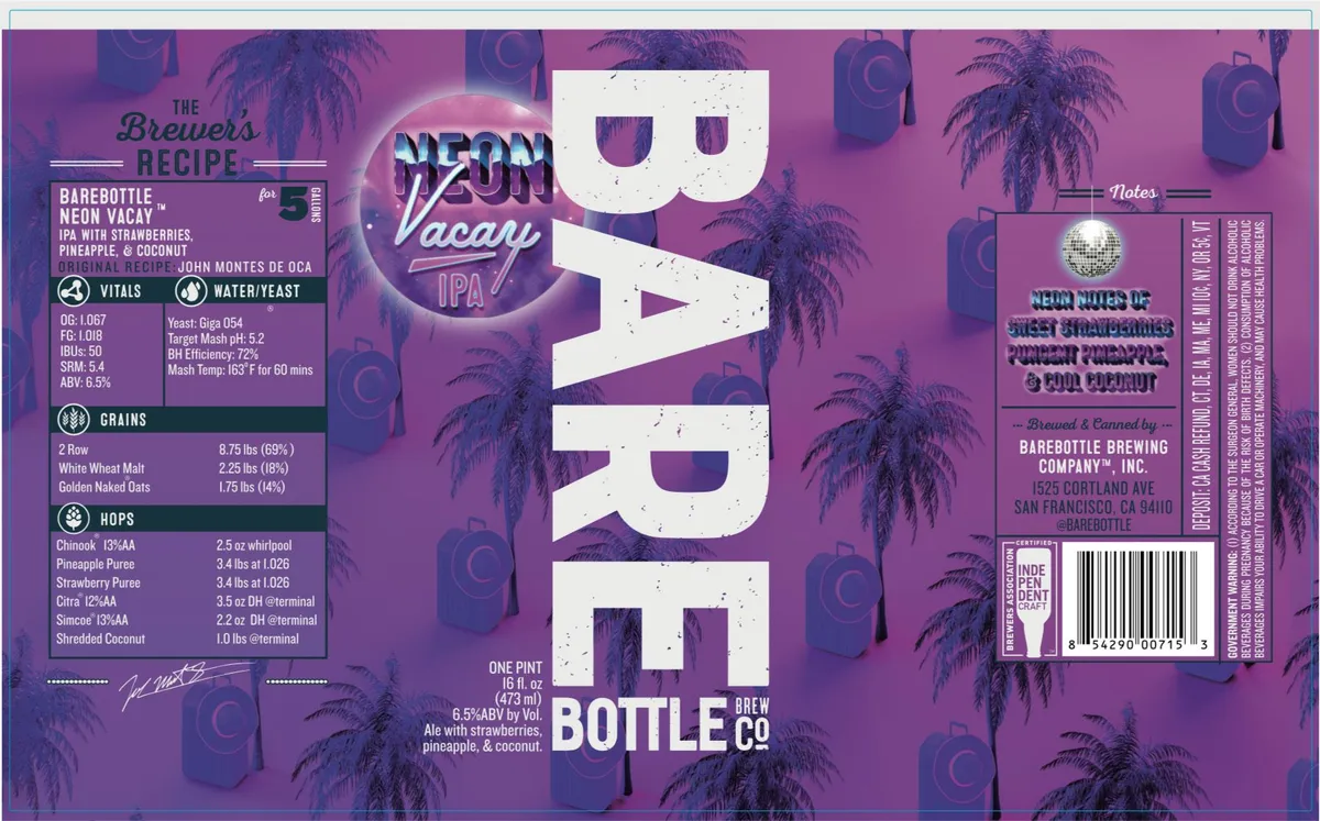 Neon Vacay label art — BAREBOTTLE