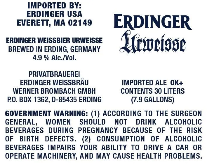 Erdinger Urweisse — full label as filed with TTB