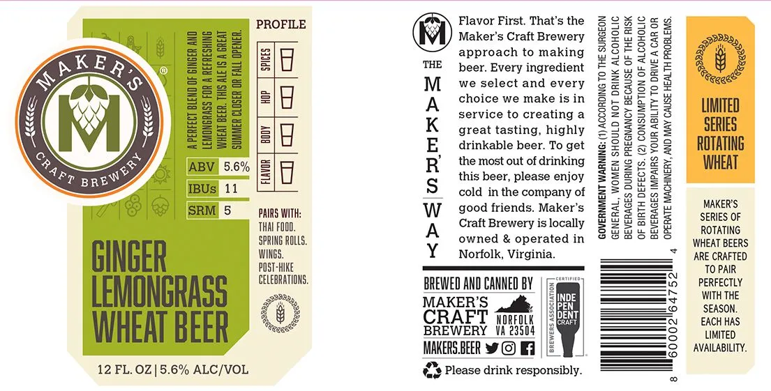 Ginger Lemongrass Wheat Beer — full label as filed with TTB