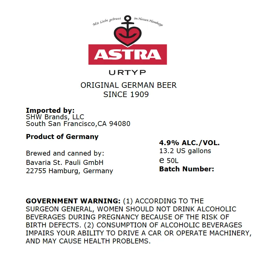 Astra Urtyp — full label as filed with TTB