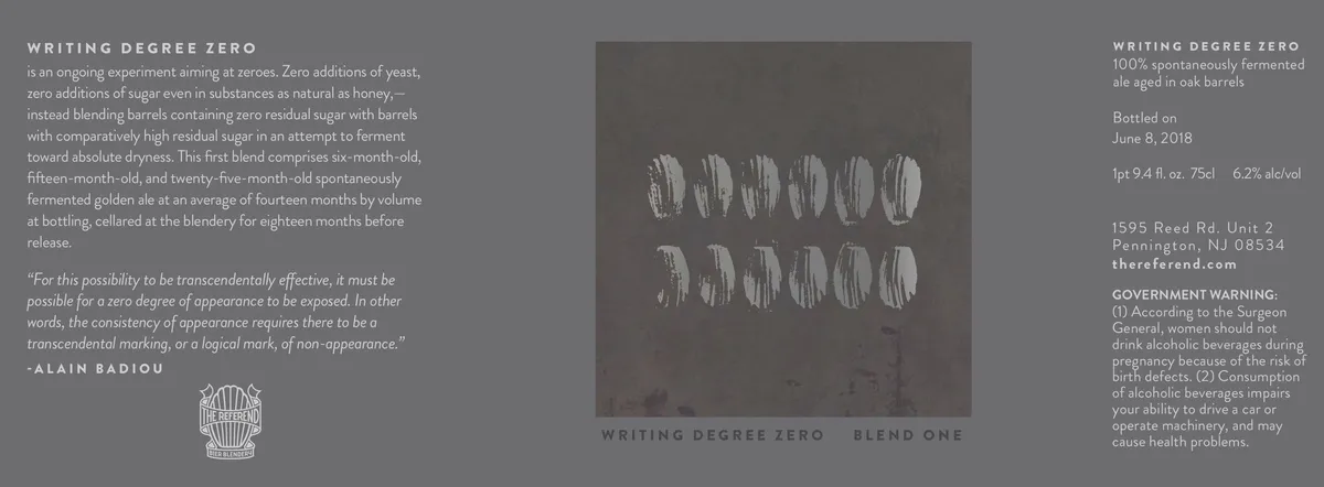 Writing Degree Zero Blend One — full label as filed with TTB